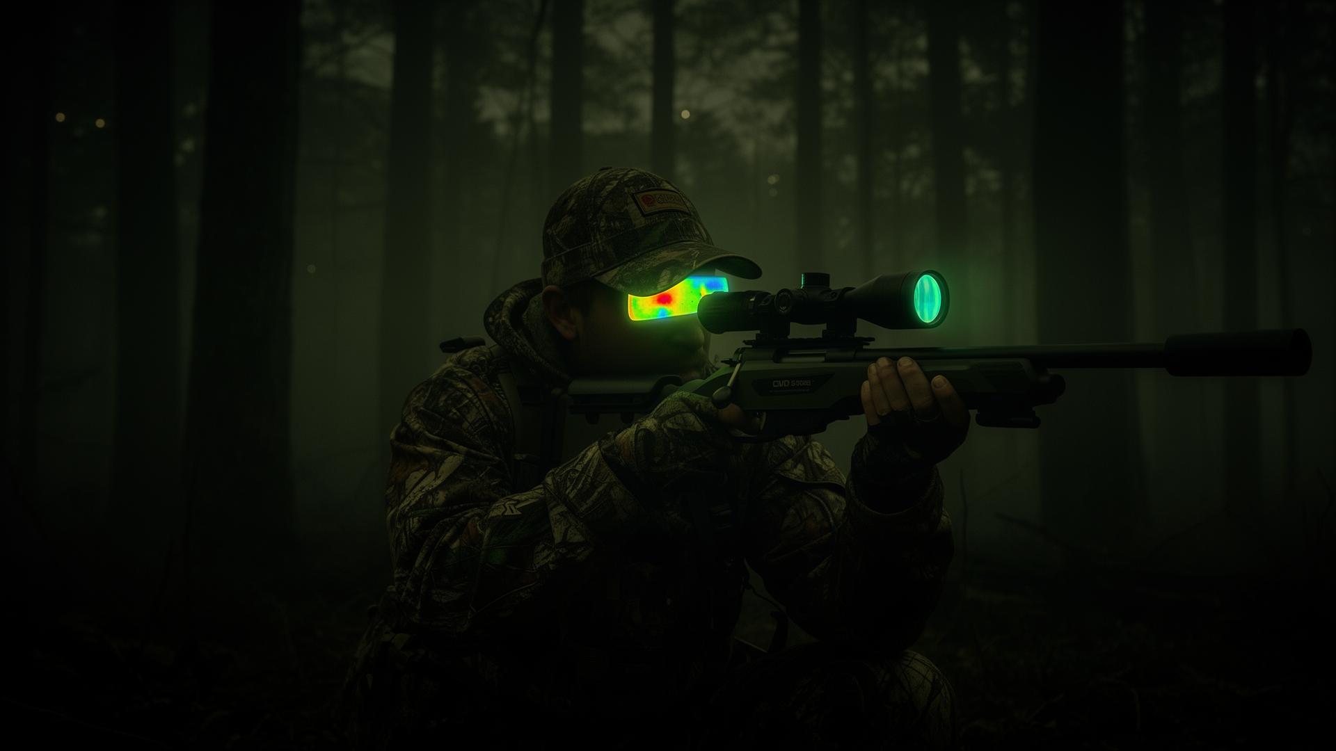 Cazador con visor térmico en bosque nocturno